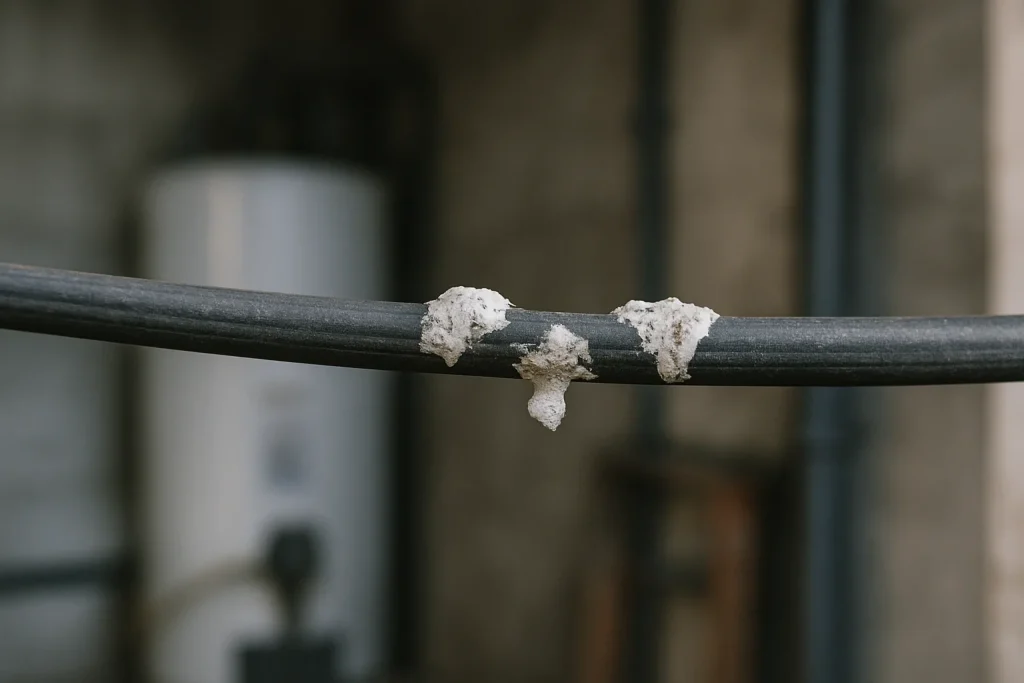 Gros plan sur un câble électrique couvert de fientes, dans un local technique.