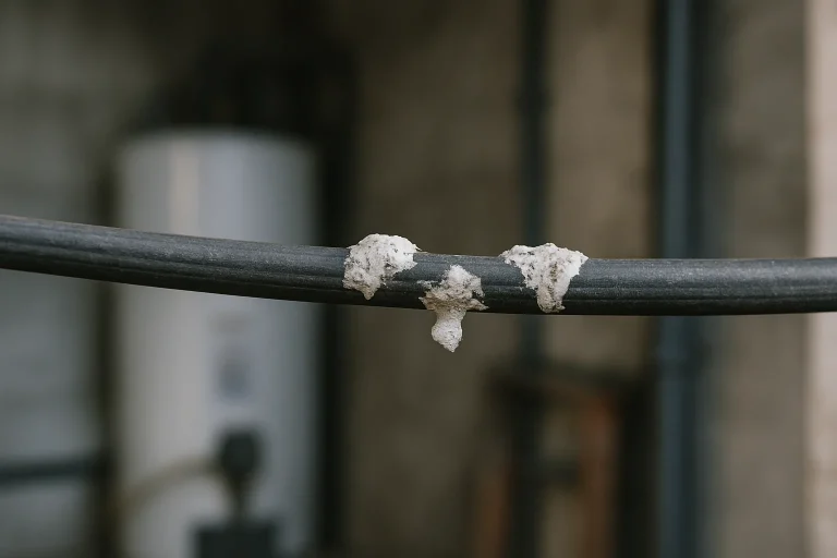 Gros plan sur un câble électrique couvert de fientes, dans un local technique.