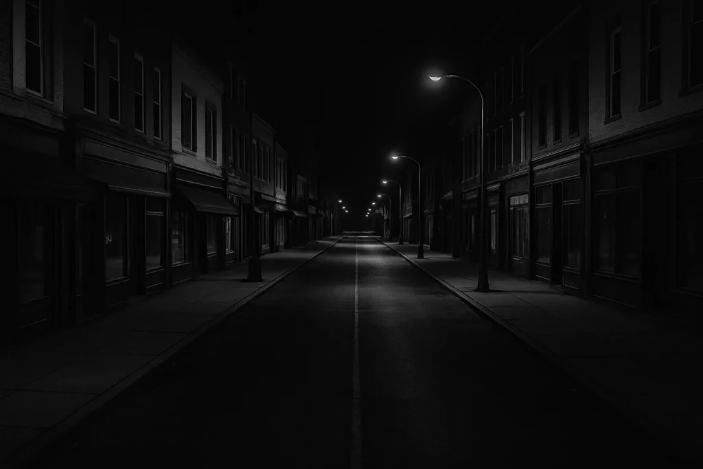 Rue commerçante vide de nuit, éclairage urbain minimaliste, pour intervention discrète.