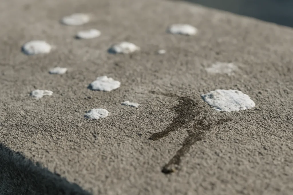 Gros plan d'une surface en béton avec des traces de fientes de pigeons partiellement nettoyées.