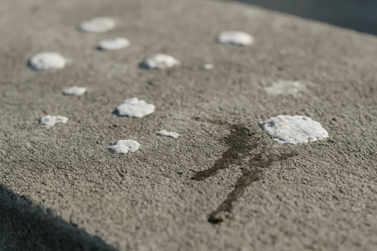 Gros plan d'une surface en béton avec des traces de fientes de pigeons partiellement nettoyées.