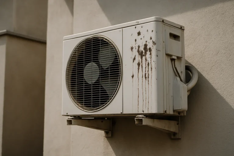 Unité de climatisation extérieure avec fientes de pigeon visibles, lumière du jour.