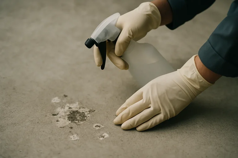 Mains gantées utilisant un vaporisateur sur des fientes séchées, surface de béton.