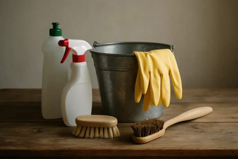 Outils de nettoyage disposés sur une table, lumière latérale