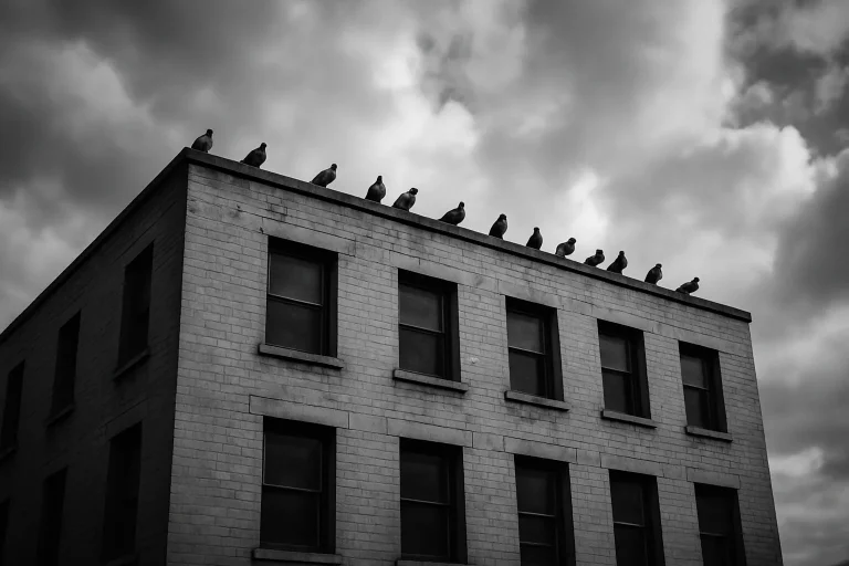 Façade avec plusieurs pigeons perchés, ciel nuageux en arrière-plan
