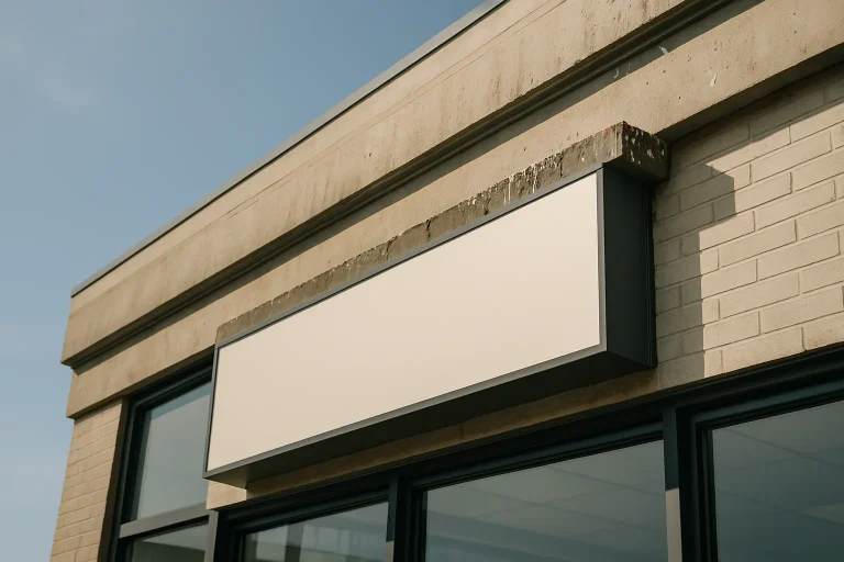 Façade commerciale avec enseigne, traces de fientes visibles sur le rebord supérieur.