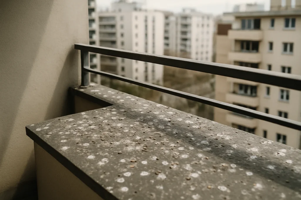 Balcon avec fientes de pigeon, vue urbaine, lumière du jour