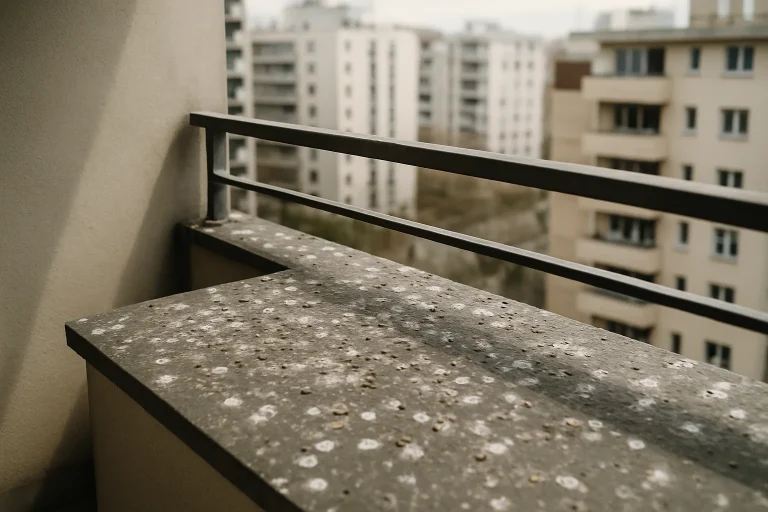 Balcon avec fientes de pigeon, vue urbaine, lumière du jour