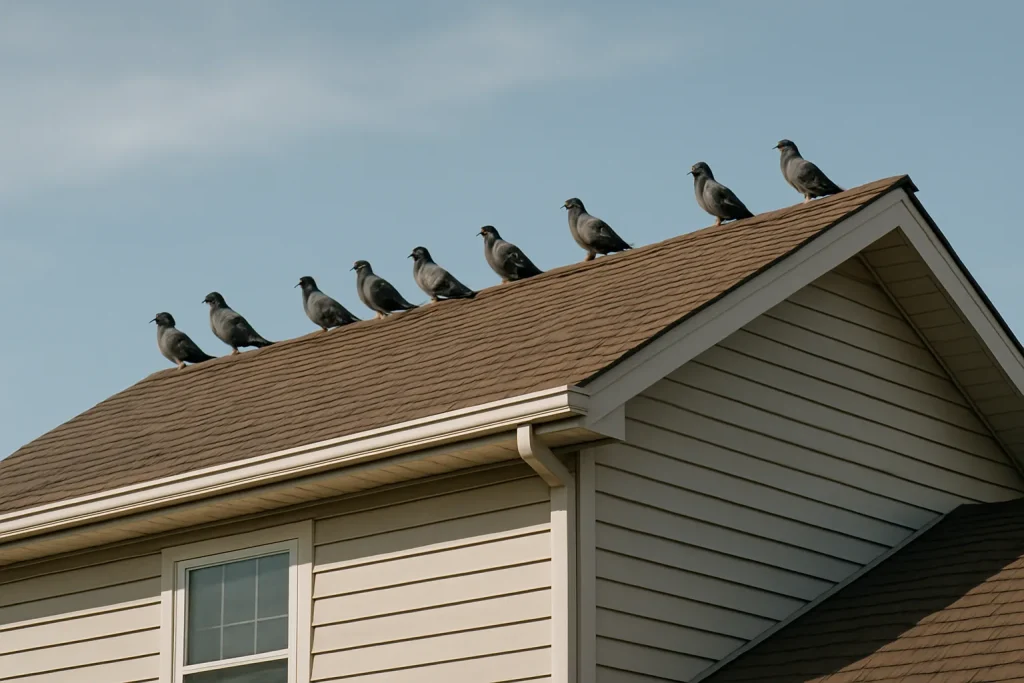 Pigeons posés sur un toit de maison sous une lumière vive, vue extérieure.