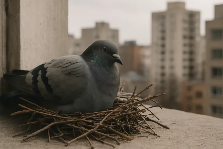 Gros plan d'un nid de pigeon sur un rebord de fenêtre avec des brindilles.