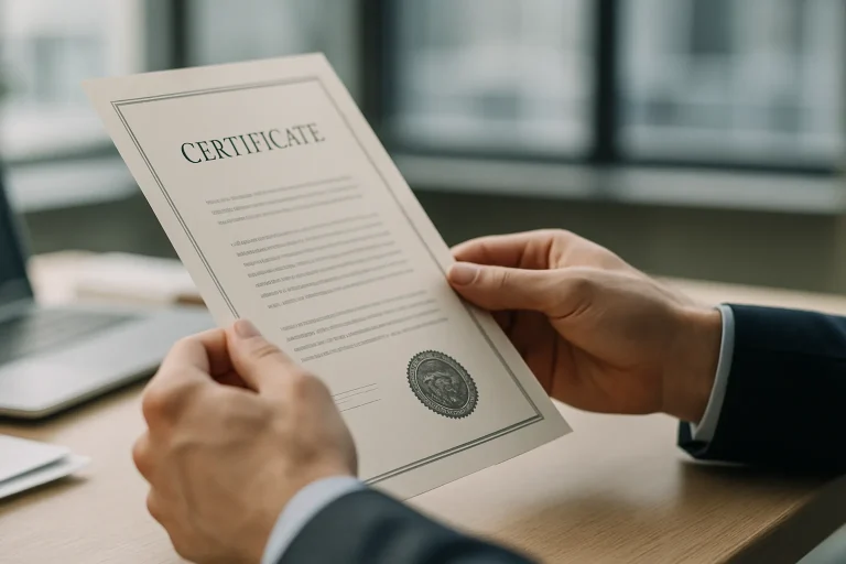 Mains examinant un document de certification avec cachet officiel sur un bureau