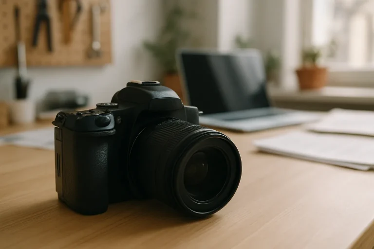 Appareil photo numérique sur une table, outils et documents en arrière-plan flou.